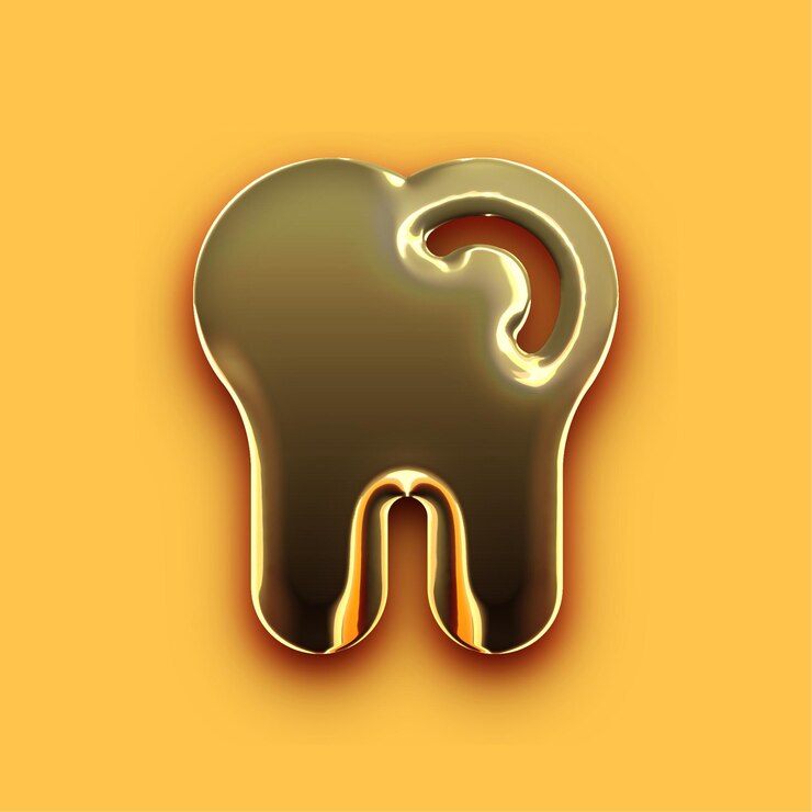 Vector icono de diente de oro cromado premium con fondo amarillo personalizable