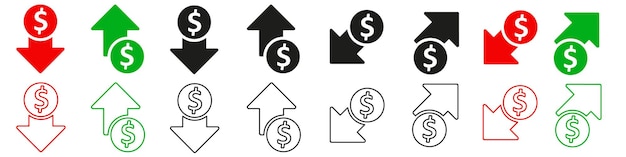 Icono de dinero aumento flecha hacia arriba símbolo de dólar disminución ícono de ganancias y pérdidas costo íconos vectoriales crecientes