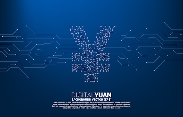 Icono de dinero de moneda de yuan digital de vector de línea de conexión de punto de estilo de placa de circuito. Concepto de economía de moneda digital de China y conexión de red financiera.