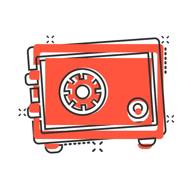 Icono de dinero seguro en estilo cómic Ilustración de vector de dibujos animados de caja fuerte sobre fondo blanco aislado Concepto de negocio de efecto de salpicadura de seguridad financiera