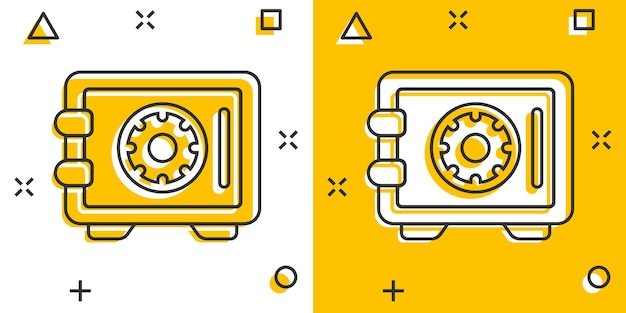 Icono de dinero seguro en estilo cómic ilustración de vector de dibujos animados de caja fuerte sobre fondo blanco aislado concepto de negocio de efecto de salpicadura de seguridad financiera