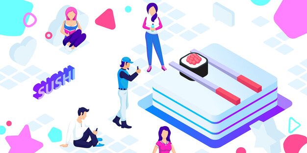 Icono de diseño isométrico de sushi Ilustración web vectorial Concepto colorido 3d