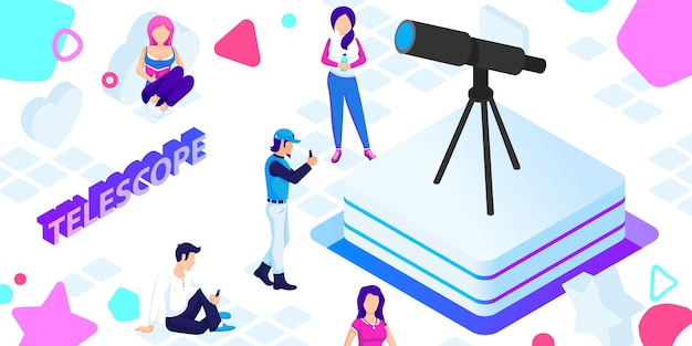 Icono de diseño isométrico del telescopio Ilustración web vectorial Concepto colorido 3d