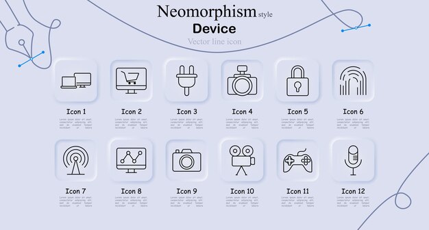 Icono de dispositivo establecido en estilo de neomorfismo Enchufe de carrito de compras de portátil cámara cerradura de huellas dactilares antena análisis foto cámara de video controlador de juego micrófono arte de línea vectorial