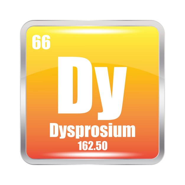 Icono de disprosio Elemento químico Dy Número atómico 66 Masa 16250 Imagen cuadrada naranja Símbolo vectorial