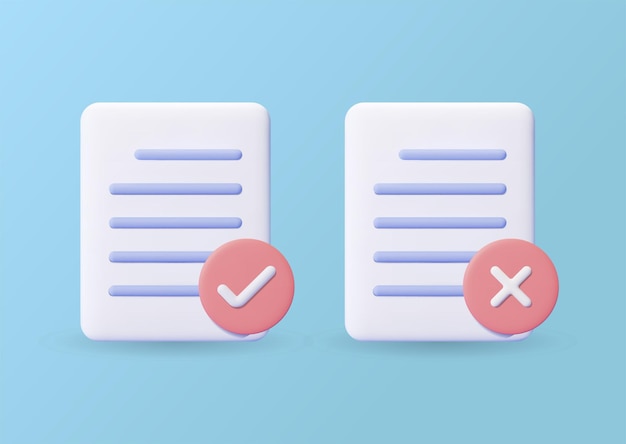 Icono de documento 3d con lista de verificación y símbolo de cruz aprobar y rechazar concepto de ilustración de vector de archivo
