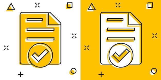 El ícono del documento aceptado en estilo cómico Ilustración vectorial de dibujos animados correcta en un fondo blanco aislado Compruebe el concepto de negocio del efecto de salpicaduras de mensajes