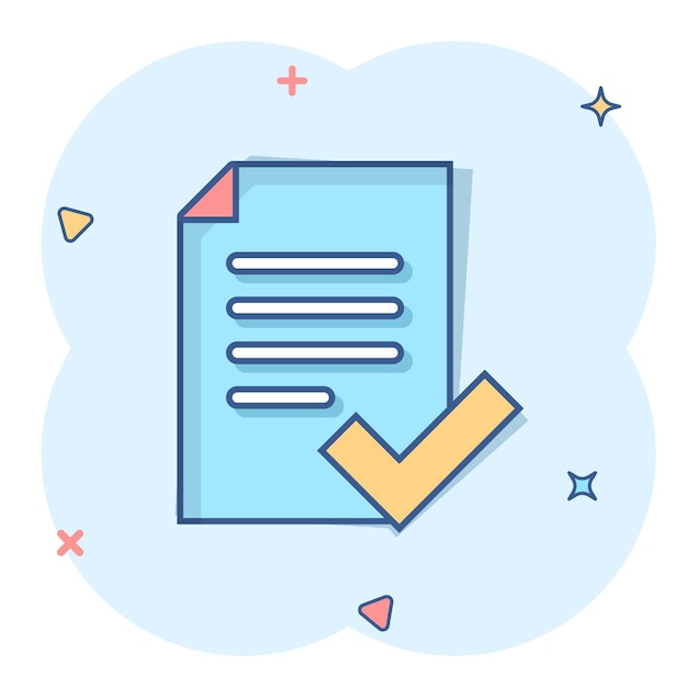 Icono de documento aprobado en estilo cómico Autorizar ilustración vectorial de dibujos animados sobre fondo blanco aislado Concepto de negocio de efecto de salpicadura de marca de verificación de acuerdo