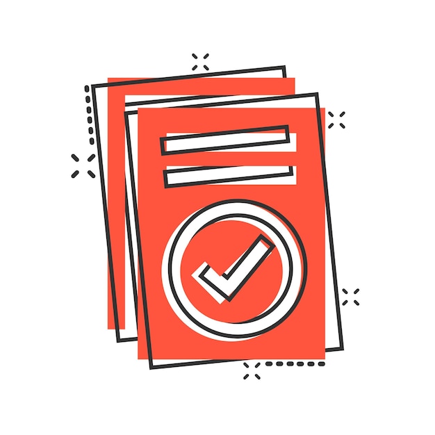 Icono de documento aprobado en estilo cómico Autorizar ilustración vectorial de dibujos animados sobre fondo blanco aislado Concepto de negocio de efecto de salpicadura de marca de verificación de acuerdo