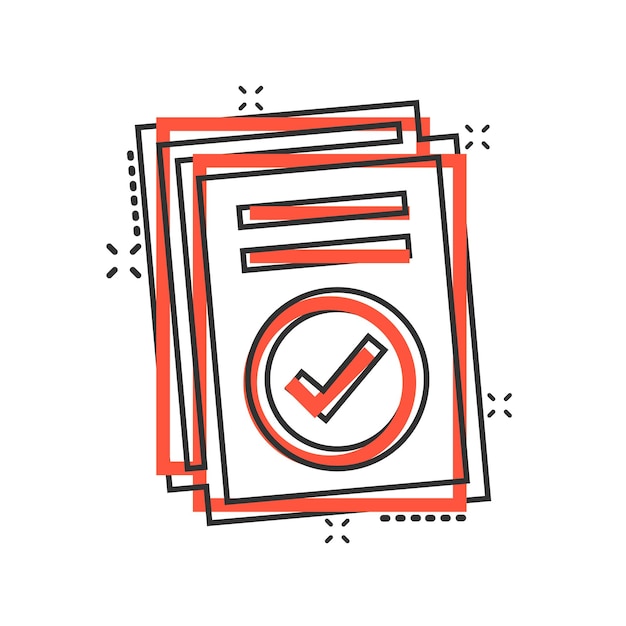 Icono de documento aprobado en estilo cómico Autorizar ilustración vectorial de dibujos animados sobre fondo blanco aislado Concepto de negocio de efecto de salpicadura de marca de verificación de acuerdo