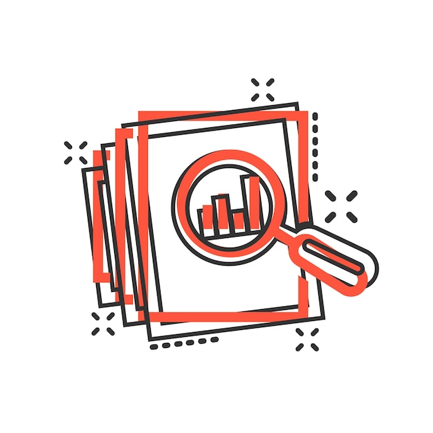 Icono de documento de auditoría en estilo cómico Ilustración de dibujos animados vectoriales de informe de resultados sobre fondo blanco aislado Efecto de salpicadura de concepto de negocio de control de verificación