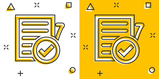 Ícono de documento de cumplimiento en estilo cómico Ilustración de dibujos animados de vector de proceso aprobado en fondo blanco aislado Efecto de salpicaduras de concepto de negocio de marca de verificación