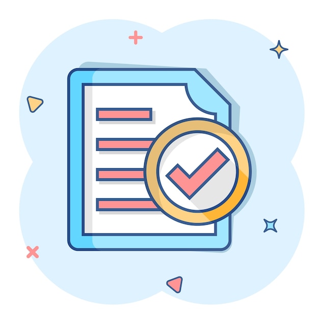 Ícono de documento de cumplimiento en estilo cómico Ilustración de dibujos animados de vector de proceso aprobado en fondo blanco aislado Efecto de salpicaduras de concepto de negocio de marca de verificación