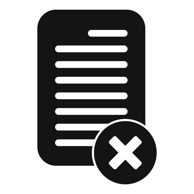 Icono de documento de glifo negro que representa la eliminación con el signo de la cruz