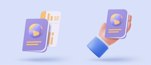 Ícono de documento de identificación de pasaporte 3D para turismo y viajes en la mano Pasaporte internacional para viajes inmigración personal legal 3d vector identidad ciudadana pasaporte renderizar ilustración