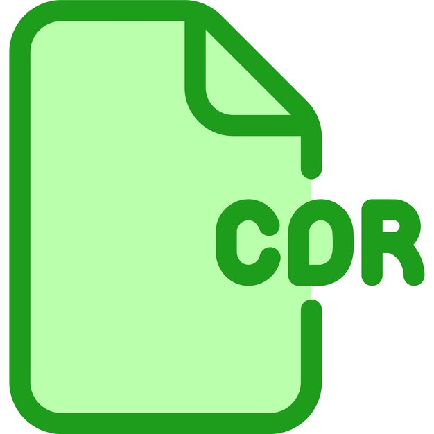 Icono de documento verde que representa un formato de archivo CDR utilizado para gráficos vectoriales y aplicaciones de diseño