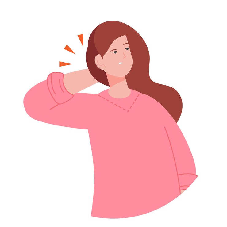 Vector icono de dolor de cuello mujer sosteniendo la mano en la cabeza hacia atrás