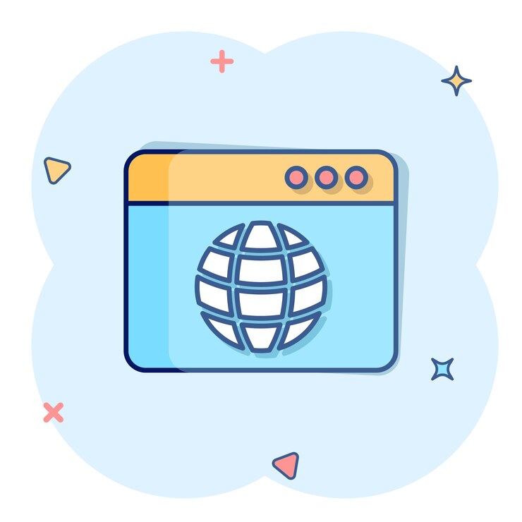 Vector icono de dominio de sitio web en estilo cómico ilustración de vector de dibujos animados de dirección de internet global sobre fondo blanco aislado concepto de negocio de efecto de salpicadura de servidor
