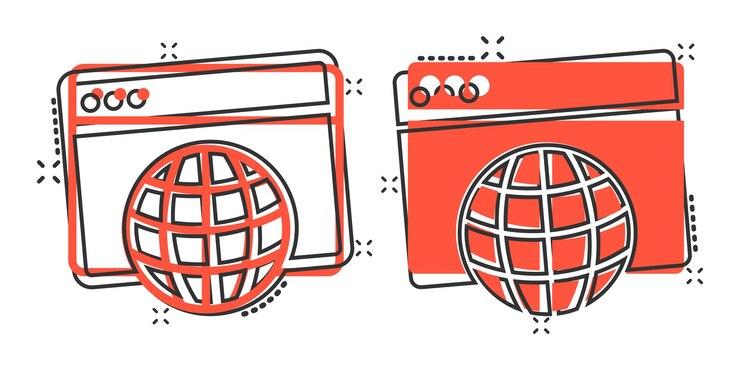 Vector icono de dominio de sitio web en estilo cómico ilustración de vector de dibujos animados de dirección de internet global sobre fondo blanco aislado concepto de negocio de efecto de salpicadura de servidor