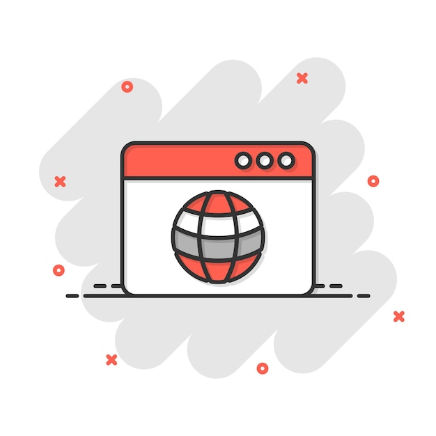 Icono de dominio de sitio web en estilo cómico Ilustración de vector de dibujos animados de dirección de Internet global sobre fondo blanco aislado Concepto de negocio de efecto de salpicadura de servidor