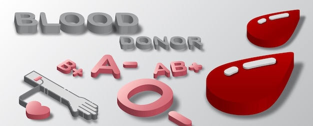 Vector icono de donación de sangre con tipo de sangre y letras de donantes de sangre en estilo isométrico 3d sobre fondo gris