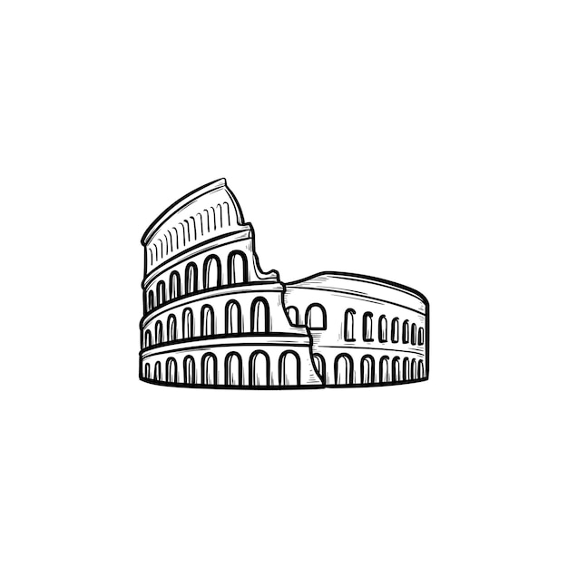 Icono de doodle de contorno dibujado de mano de coliseo de Roma. Famoso concepto italiano de hito, viajes y anfiteatro antiguo