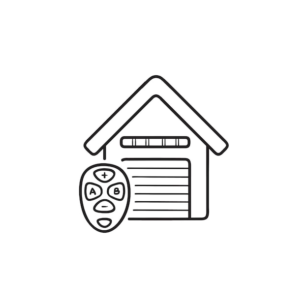 Icono de doodle de contorno dibujado de mano de control remoto de puerta de garaje. casa inteligente, concepto de desbloqueo inalámbrico automático