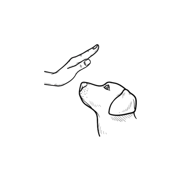 Vector icono de doodle de contorno dibujado de mano de entrenamiento de perro. cachorro con brazo humano como concepto de entrenamiento de animales