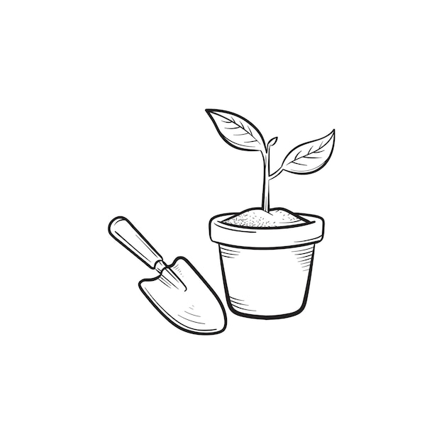 Icono de doodle de contorno dibujado a mano de paleta y olla de jardín. Olla con ilustración de dibujo de vector de paleta de planta y jardín para impresión, web, móvil e infografía aislado sobre fondo blanco.