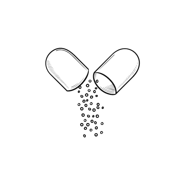 Icono de doodle de contorno dibujado de mano de píldora de cápsula abierta. Pequeñas bolas que brotan de una cápsula médica abierta como concepto de fármaco y farmacia