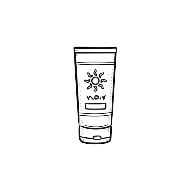 Icono de doodle de contorno dibujado de mano de protector solar. Tubo de crema de protección solar, protección para la piel y concepto para tomar el sol