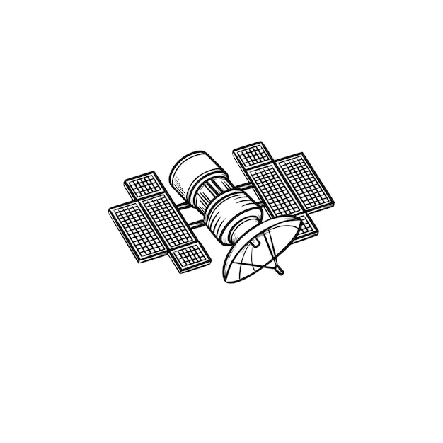 Icono de doodle de contorno dibujado de mano de satélite. Difusión y transmisión de medios, navegación, concepto de comunicación. Ilustración de dibujo vectorial para impresión, web, móvil e infografía sobre fondo blanco.