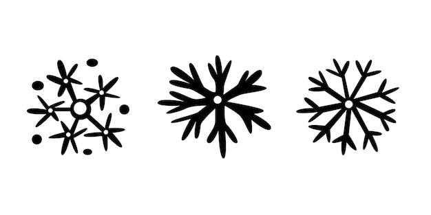 Icono de doodle de copos de nieve en color negro