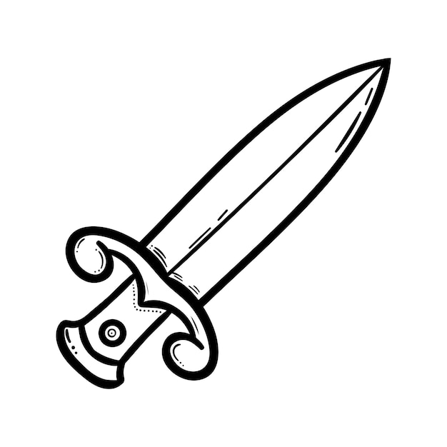 Icono de doodle de espada dibujada a mano. Boceto negro dibujado a mano. Signo de símbolo de dibujos animados. Elemento de decoración. Fondo blanco. Aislado. Diseño plano. Ilustración vectorial.