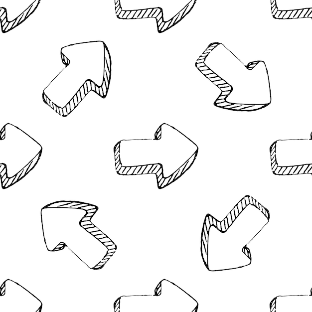 Icono de doodle de flecha dibujada a mano de patrones sin fisuras. Boceto negro dibujado a mano. Símbolo de signo. Elemento de decoración. Fondo blanco. Aislado. Diseño plano. Ilustración vectorial.