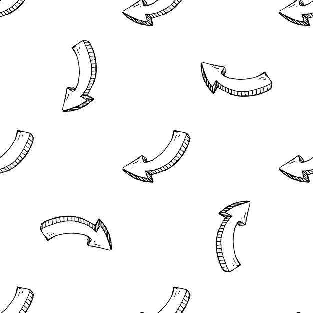 Icono de doodle de flecha dibujada a mano de patrones sin fisuras. Boceto negro dibujado a mano. Símbolo de signo. Elemento de decoración. Fondo blanco. Aislado. Diseño plano. Ilustración vectorial.
