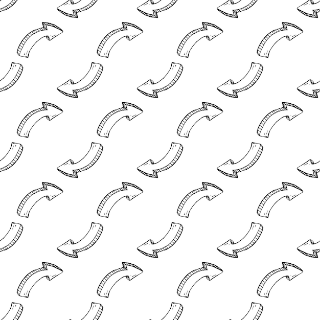 Icono de doodle de flecha dibujada a mano de patrones sin fisuras. Boceto negro dibujado a mano. Símbolo de signo. Elemento de decoración. Fondo blanco. Aislado. Diseño plano. Ilustración vectorial.
