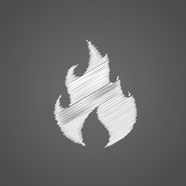 Icono de doodle de logo de bosquejo de fuego aislado sobre fondo oscuro