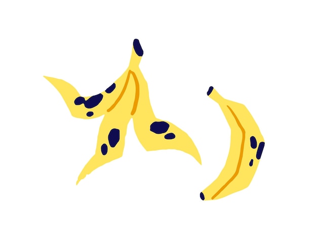 Icono de Doodle de plátano maduro entero y su cáscara Fruta amarilla madura con manchas en su piel Alimentos tropicales orgánicos bocadillos exóticos saludables Ilustración vectorial de dibujo aislado plano en fondo blanco