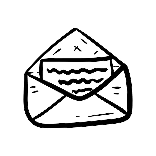 Icono de doodle de sobre dibujado a mano. Boceto negro dibujado a mano. Símbolo de signo. Elemento de decoración. Fondo blanco. Aislado. Diseño plano. Ilustración vectorial.