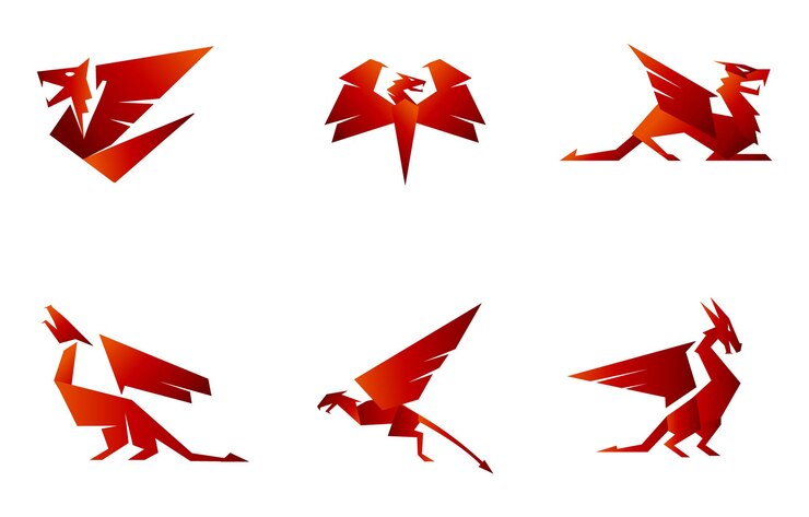 Vector icono de dragón para logotipo e ilustración en color rojo geométrico