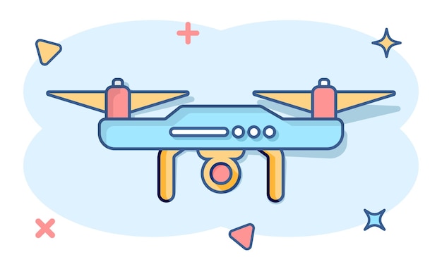 Icono de drone quadrocopter en estilo cómico ilustración de dibujos animados de vector de cámara quadcopter sobre fondo blanco aislado efecto de salpicadura de concepto de negocio de vuelo de helicóptero