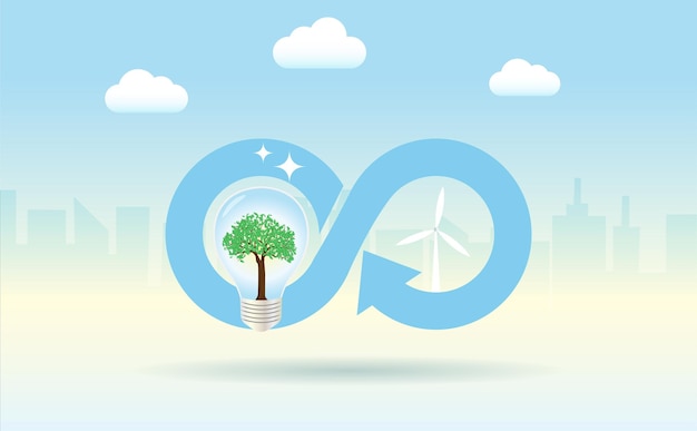 Icono de economía circular con turbinas eólicas de bombilla en el fondo de la construcción de la ciudad para el objetivo de estrategia sostenible de eliminar los residuos y la contaminación renovable y reutilizar los recursos naturales