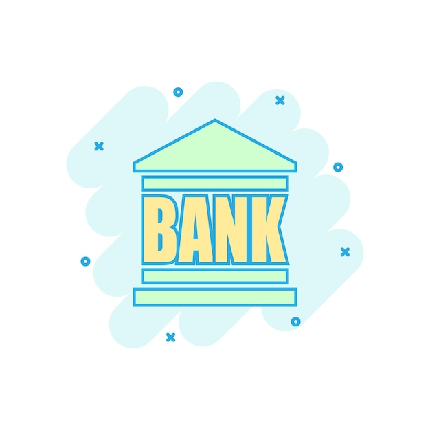Icono de edificio de banco de dibujos animados de vector en estilo cómic Pictograma de ilustración de signo de banco Concepto de efecto de salpicadura de negocio de edificio