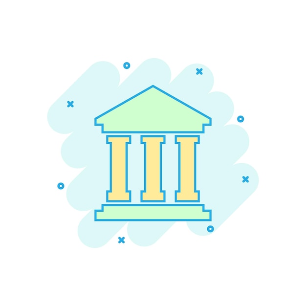 Icono de edificio de banco de dibujos animados de vector en estilo cómic Pictograma de ilustración de signo de museo Concepto de efecto de salpicadura de negocio de edificio