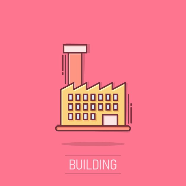 Icono de edificio en estilo cómic Apartamento de rascacielos de la ciudad Ilustración vectorial de dibujos animados en fondo aislado Efecto de salpicaduras de la torre de la ciudad Concepto de negocio