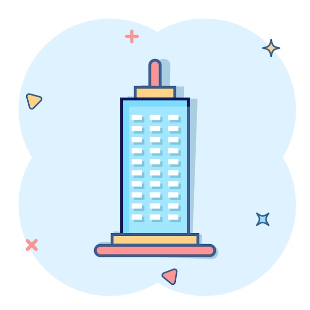 Icono de edificio en estilo cómic Ilustración de vector de dibujos animados de apartamento de rascacielos de ciudad sobre fondo blanco aislado Concepto de negocio de efecto de salpicadura de torre de ciudad