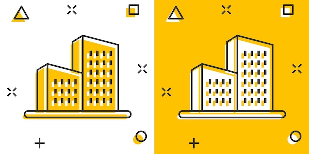 Icono de edificio en estilo cómic Ilustración de vector de dibujos animados de apartamento de rascacielos de ciudad sobre fondo blanco aislado Concepto de negocio de efecto de salpicadura de torre de ciudad