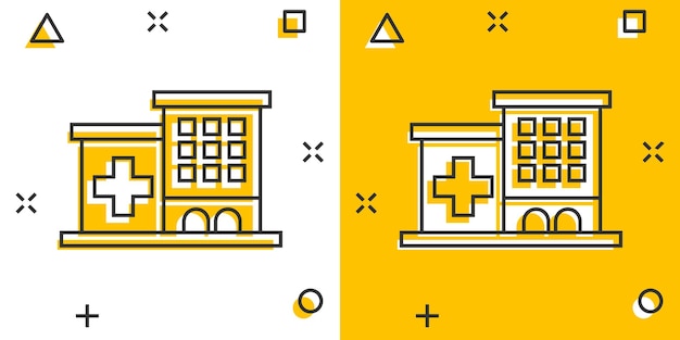 Icono de edificio de hospital en estilo cómic Ilustración de dibujos animados de vector de enfermería sobre fondo blanco aislado Efecto de salpicadura de concepto de negocio de ambulancia médica