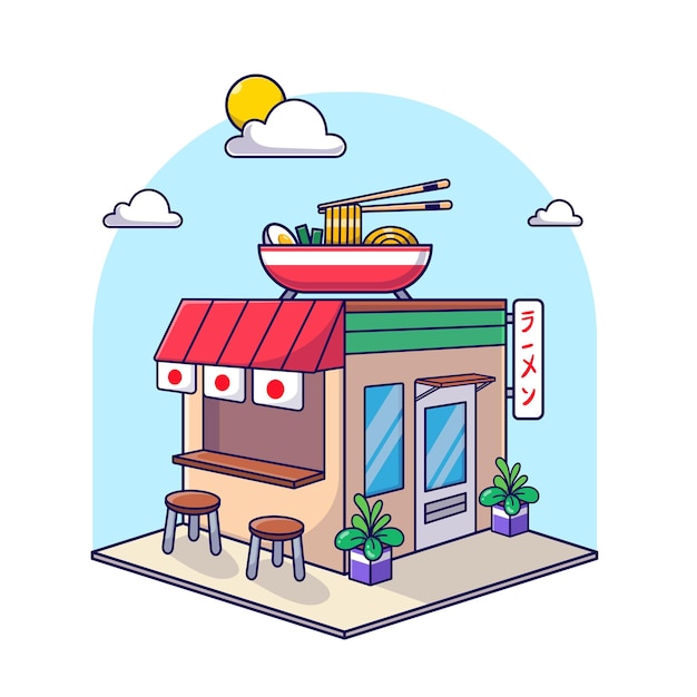 Icono de edificio de restaurante de ramen isométrico, diseño plano de punto de referencia de vector de ilustración de icono 3d aislado